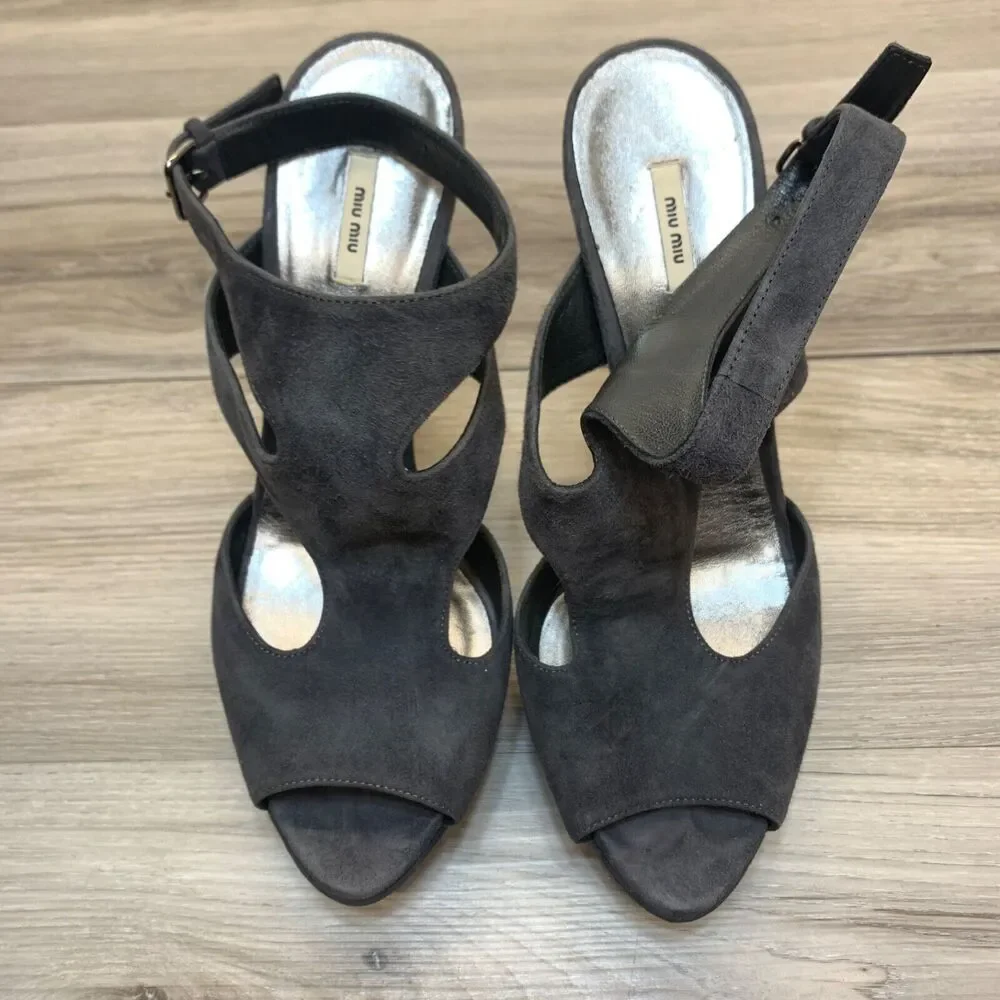 Miu‎ Miu Womens Gray Leather Suede Peep Toe Stilletto High Heels Shoes Size 38